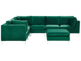 Right Hand Modular Corner Sofa Green Velvet 6 Seater with Ottoman L-Shaped Silver Metal Legs Glamour Style 