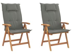 Set of 2 Garden Chairs Light Acacia Wood with Graphite Grey Cushions Folding Feature UV Resistant Rustic Style 
