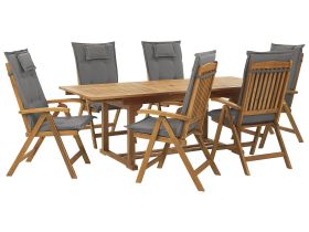 Garden Dining Set Acacia Wood with Graphite Grey Cushions 6 Seater Adjustable Foldable Chairs Outdoor Country Style 