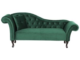 Chaise Lounge Dark Green Velvet Button Tufted Upholstery Left Hand with Cushion 