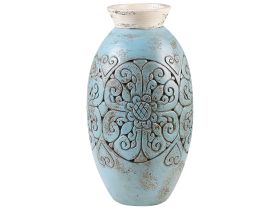 Tall Decorative Vase Turquoise Clay 52 cm Handmade Painted Floor Vase Carved Floral Motif 