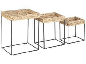 Nest of 3 Side Tables Light Wood with Black Seagrass Top Iron Frame Natural Wicker Living Room Rustic 