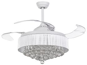 Ceiling Fan with Light White Metal Acrylic Crystals Foldable Blades Glam Shade with Remote Control 3 Speeds Switch Timer Light Adjustment 