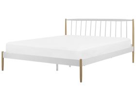EU Super King Size Panel Bed White with Light Wood Legs 6ft White Metal Frame Slatted Base Retro Scandinavian 