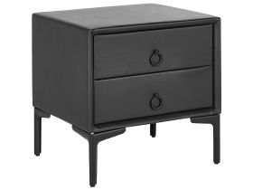 Bedside Table Black PU Faux Leather Metal Legs with 2 Storage Drawers 44x 38 cm Nightstand 