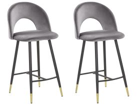 Set of 2 Bar Chairs Coral Red Velvet Black Steel Retro Design Golden Ends Dining Room 