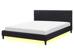 EU King Size Panel Bed 5ft3 Black Fabric Slatted Frame with White LED Contemporary 