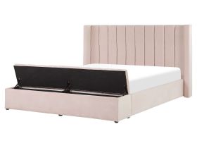 EU King Size Panel Bed Pastel Pink Velvet 5ft3 Slatted Base High Headrest with Storage Bench 