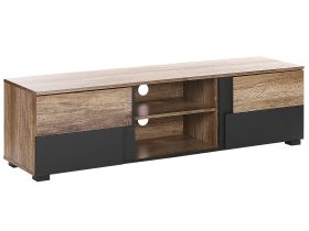 TV Stand Light Wood and Black Particle Board for 68'' TV Shelves Doors Cable Management Holes Modern Design 