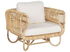 Armchair Beige Natural Rattan Chair with Cotton Cushions Wicker Boho Design 