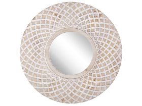 Wall Mirror Light Wood Round 60 cm Handmade Frame White Quatrefoil Geometric Pattern Boho Rustic 