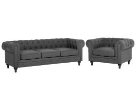 Chesterfield Living Room Set Grey Fabric Upholstery Dark Wood Legs 3 Seater Sofa + Armchair 