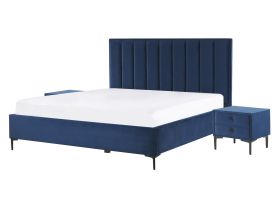 Bedroom Set Blue Velvet EU Double Size 4ft6 Bed with Storage 2 Bedside Tables Upholstered 
