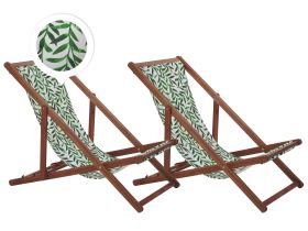 Set of 2 Garden Deck Chairs Dark Acacia Wood Frame Leaf Pattern Fabric Hammock Seat Reclining Folding 
