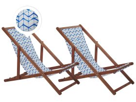 Set of 2 Garden Deck Chairs Dark Acacia Wood Frame White and Blue Fabric Hammock Seat Reclining Folding 