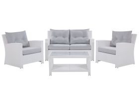 Garden Sofa Set White Faux Rattan Grey Cushions Outdoor Wicker Conversation Set 