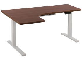 Left Corner Desk Dark Wood Tabletop 160 x 110 cm Electric Height Adjustable White Steel Frame Sit and Stand Modern Design 