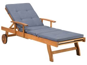 Garden Sun Lounger Light Acacia Wood with Blue Cushion Outdoor Weather Resistant Reclining with Wheels 
