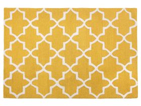 Area Rug Yellow Wool 140 x 200 cm Trellis Quatrefoil Pattern Hand Tufted Oriental Moroccan Clover 