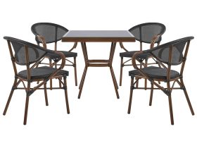 4 Seater Garden Dining Set Dark Wood Aluminium Frame Square Table and Black Stacking Chairs 