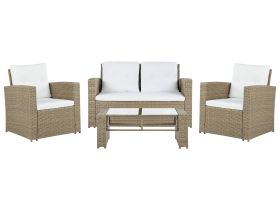Garden Sofa Set Light Brown Faux Rattan with Beige Cushions with Coffee Table 4 Seater  