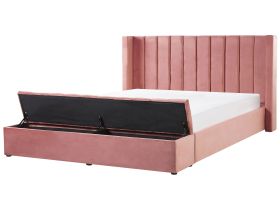 EU Super King Size Panel Bed Pink Velvet 6ft Slatted Base High Headrest with Storage Bench 