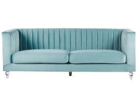 Sofa Light Blue 3 Seater Velvet Tuxedo Style Quilting 
