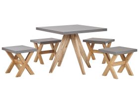 Outdoor Dining Set Grey Light Wood Fibre Cement For 4 Square People Table with Stools Modern Design 