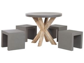 Outdoor Dining Set Grey Light Wood Fibre Cement For 4 People Table and Stools Modern Design 