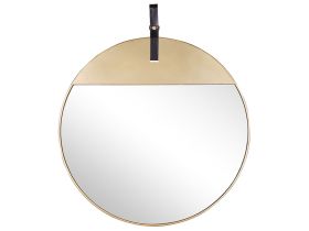 Wall Mirror Gold Metal Faux Leather Strap Round 60 cm Decorative Hanging Accent Piece Modern Glamour 