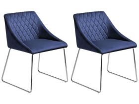 Set of 2 Dining Chairs Navy Blue Velvet Fabric Chromed Metal Legs Modern Style 