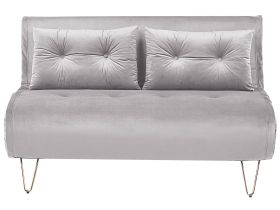 Sofa Bed Grey Velvet 2 Seater Fold-Out Sleeper Armless With 2 Cushions Metal Gold Legs Glamour 