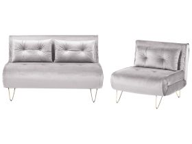 Living Room Set Grey Velvet Single and 2 Seater Sofa Bed with Cushions Metal Hairpin Legs Glamour 