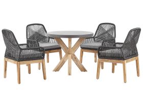 Outdoor Dining Set Grey Light Wood Fibre Cement For 4 People Round Table with Black Chairs Modern Design 
