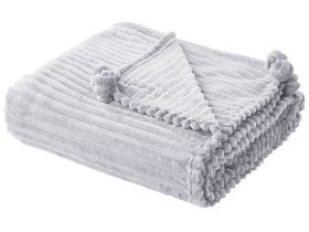 Blanket Light Grey Polyester 150 x 200 cm Ribbed Structure with Pom-Poms Throw Bedding 
