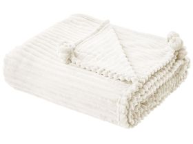 Blanket Cream Polyester 150 x 200 cm Ribbed Structure with Pom-Poms Throw Bedding 