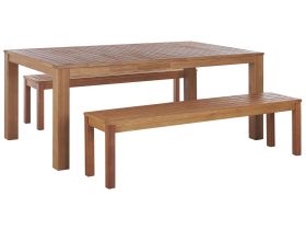 Garden Dining Set 3 Pieces Solid Eucalyptus Wood Rectangular Table 2 Benches Indoor Outdoor Rustic Design 