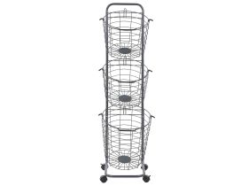 3 Tier Wire Basket Stand Grey Metal with Castors Handles Detachable Kitchen Bathroom Storage Accessory for Towels Newspaper Fruits Vegetables 