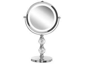 Makeup Mirror Silver Iron Metal Frame 13 cm with LED Light 1x/5x Magnification Double Sided Cosmetic Desktop