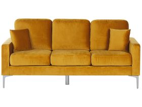 Sofa Yellow Velvet 3 Seater Cushioned Seat and Back Metal Legs with Throw Pillows 