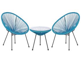 Bistro Set Blue PE Rattan 3 Piece 2 Seater Deep Seat Coffee Table Indoor and Outdoor Modern Furniture 