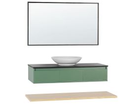 4 Piece Bathroom Furniture Set Green and Light Wood MDF with Ceramic Basin Wall Mount Vanity Cabinet with Mirror 