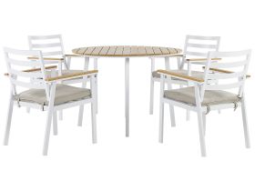 Outdoor Dining Set White Aluminium 4 Seater Round Table 105 cm Slatted Chairs with Beige Seat Pads 
