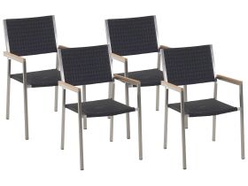 Set of 4 Garden Dining Chairs Black and Silver Faux Rattan Seat Stainless Steel Legs Stackable Outdoor Resistances 