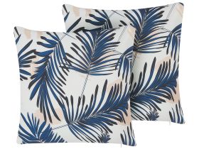 Set of 2 Outdoor Cushions Blue Polyester 45 x 45 cm Palm Leaf Print Pattern Garden Patio 