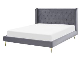 Slatted Bed Frame Grey Velvet Upholstery EU Double Size 4ft6 Tufted Headboard Modern Design 