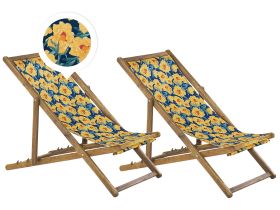 Set of 2 Garden Deck Chairs Light Acacia Wood Frame Floral Pattern Fabric Hammock Seat Reclining Folding 