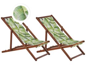Set of 2 Garden Deck Chairs Dark Acacia Wood Frame Palm Leaves Pattern Fabric Hammock Seat Reclining Folding 