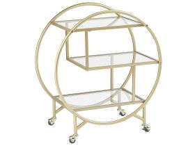 Kitchen Trolley Gold Metal Glass 50 x 34 cm Glamour Wheels Open Storage Three Shelves Living Room 