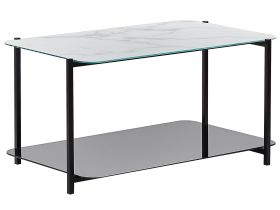 Coffee Table White and Black Steel Glass 77 x 47 cm Rectangular Marble Effect Tempered Glass Top Glam Modern 